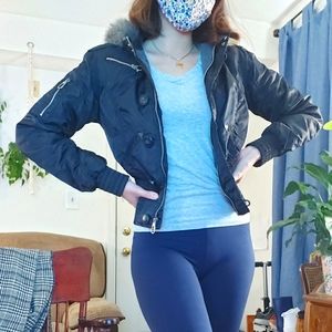 Black bomber fur-lined hood women's jacket